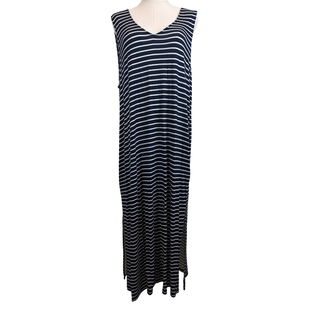 Joyspun XL 16-18 Navy White Striped Sleeveless Maxi Dress Side Slits Rayon